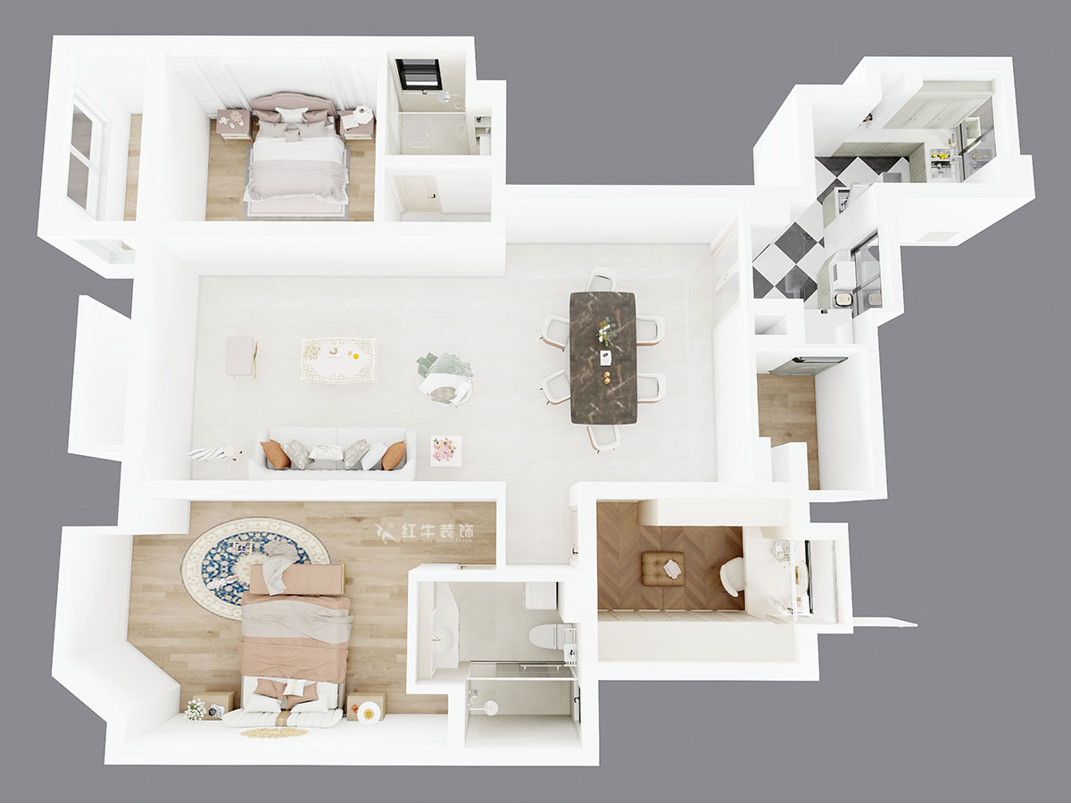 蔣?。鸪?1-3-2206-140㎡-法式奶油風(fēng)格｜3室2廳2衛(wèi)｜新房裝修｜定制家｜全包23萬(wàn)｜00_04鳥(niǎo)瞰圖