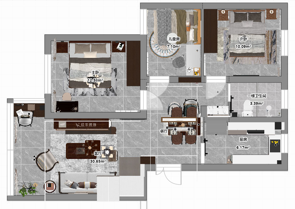 孟憲濤|攝山星城步青苑18-2-604-120㎡-現(xiàn)代簡約風(fēng)格|4室2廳2衛(wèi)|毛坯房裝修|定制家|全包16萬|00_05一樓平面彩圖