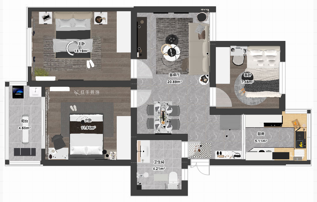 孟憲濤|龍悅山莊7-402-82㎡-現(xiàn)代簡約風(fēng)格|3室2廳1衛(wèi)|老房裝修|定制家|全包12萬|00_03平面彩圖