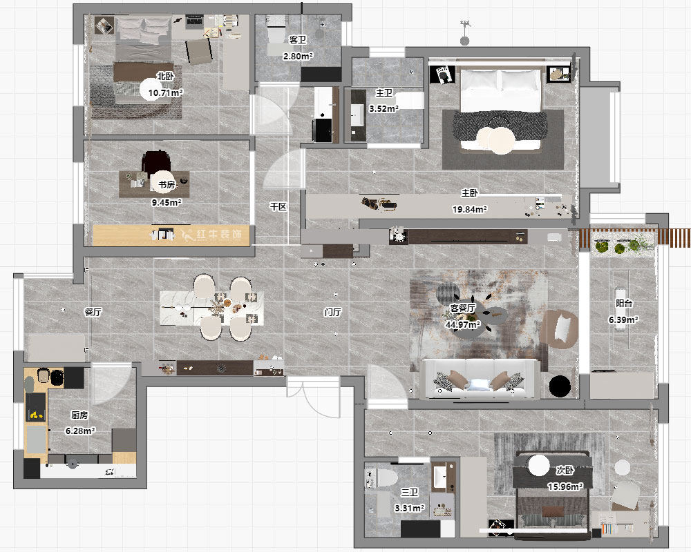 朱彥|中海桃源里6-2-903-159㎡-現(xiàn)代簡約風(fēng)格|4室2廳3衛(wèi)|新房裝修|定制家|全包21萬|00_03平面彩圖