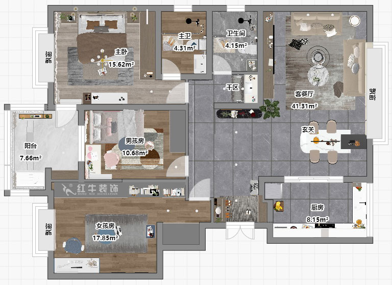 吳波|楓丹白露8-3-402-140㎡-現(xiàn)代風格|3室2廳2衛(wèi)|新房裝修|定制家|全包18萬|00_04平面彩圖