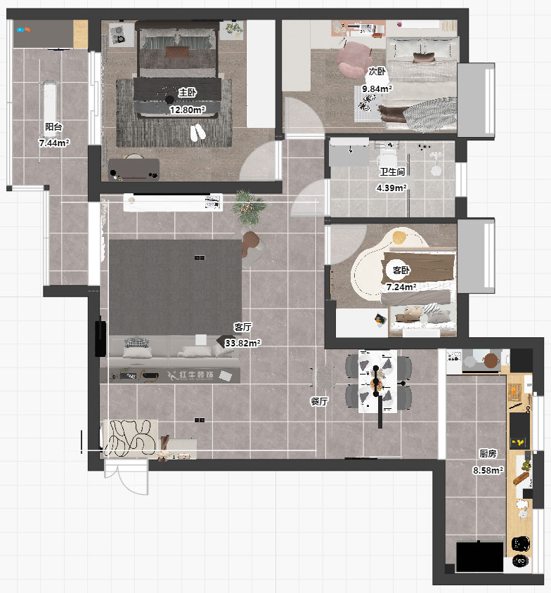 孟憲濤|橋西苑2-1-1104-108㎡-簡約風(fēng)格|3室2廳1衛(wèi)|老房裝修|定制家|全包14萬|00_03平面彩圖