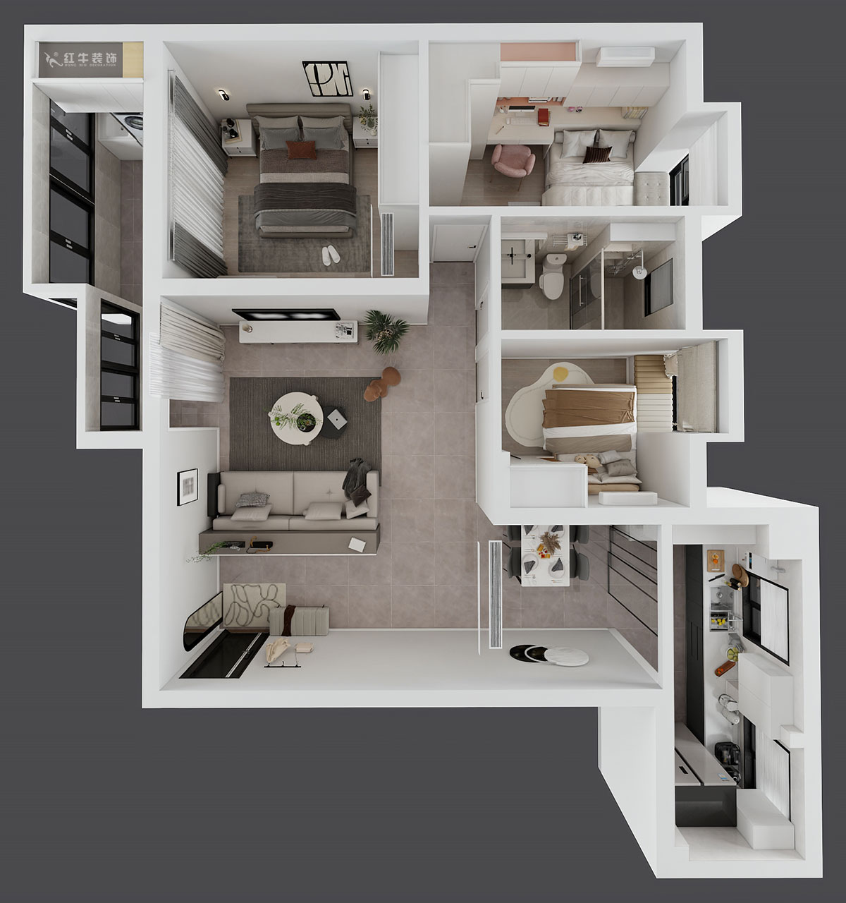 孟憲濤|橋西苑2-1-1104-108㎡-簡約風(fēng)格|3室2廳1衛(wèi)|老房裝修|定制家|全包14萬|00_04鳥瞰圖