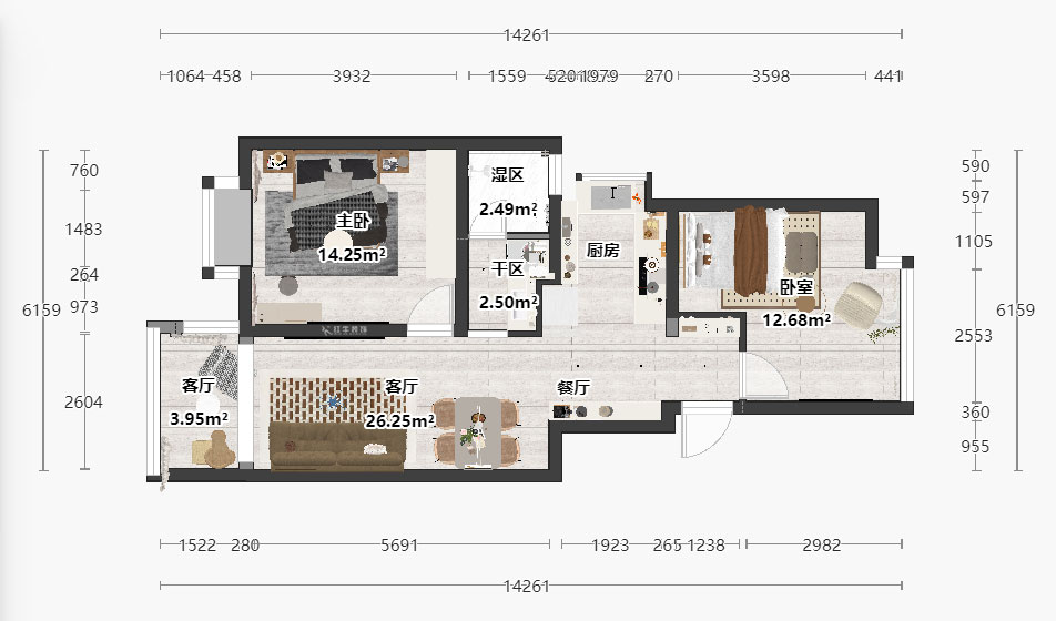 朱明琪｜韓府茗苑7-1-302-82㎡-輕法奶油風(fēng)｜2室1廳1衛(wèi)｜老房裝修｜定制家｜全包11萬(wàn)｜00_03平面彩圖