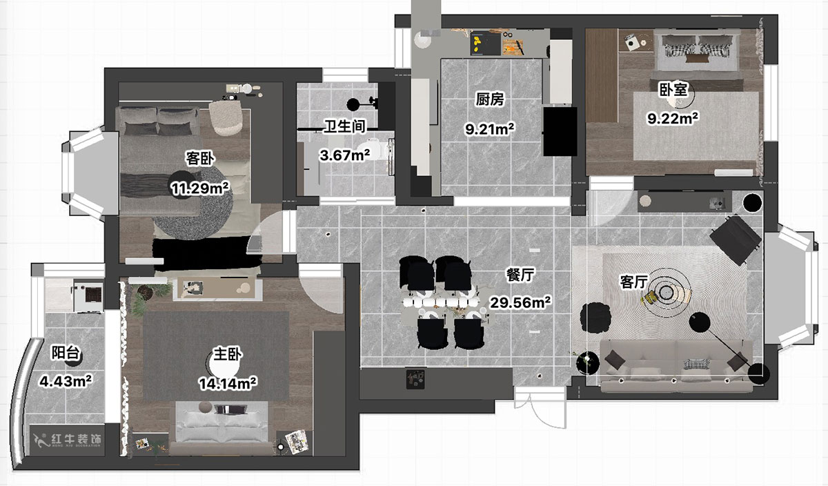 吳波|良城美景15-1-902-105㎡-現(xiàn)代簡約風格|3室2廳1衛(wèi)|舊房裝修|定制家|全包14萬|00_04平面彩圖