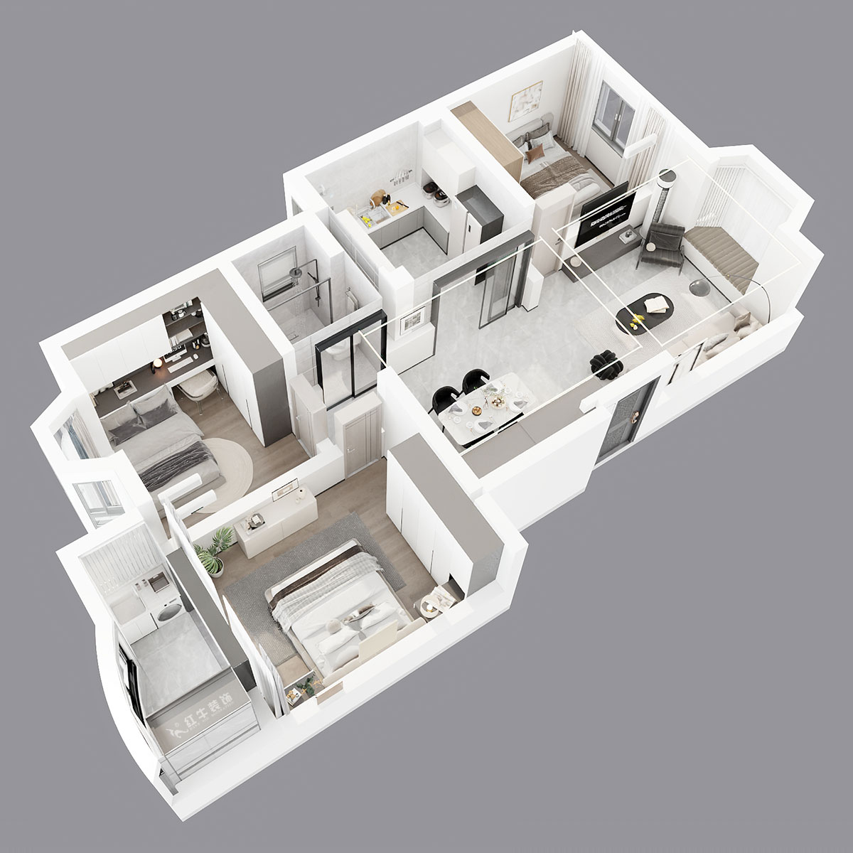 吳波|良城美景15-1-902-105㎡-現(xiàn)代簡約風格|3室2廳1衛(wèi)|舊房裝修|定制家|全包14萬|00_05鳥瞰圖