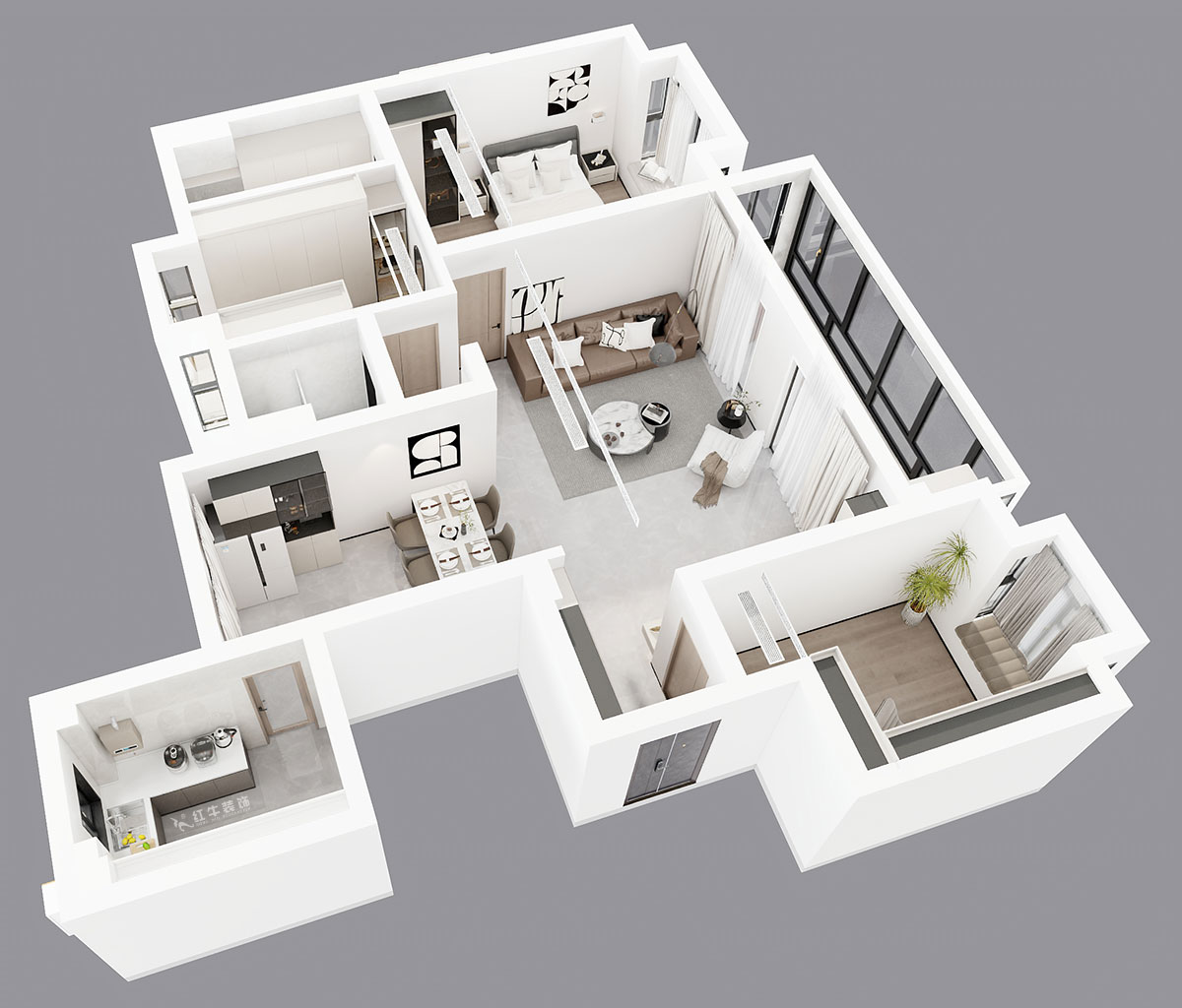 朱彥｜鐘山峰景15-803-128㎡-簡(jiǎn)約風(fēng)格｜3室2廳2衛(wèi)｜新房裝修｜定制家｜全包13萬(wàn)｜00_04鳥(niǎo)瞰圖