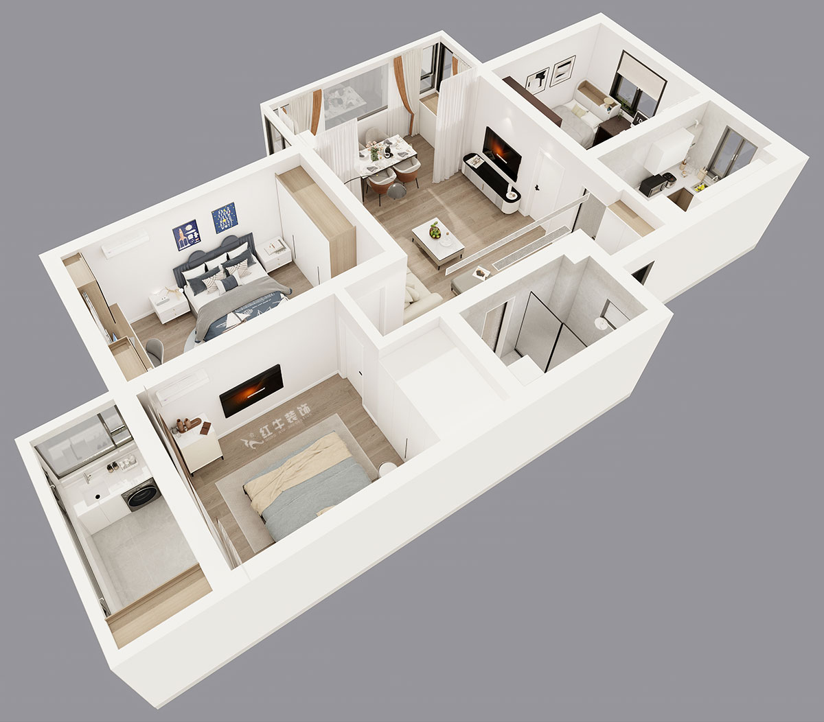 吳波|宏鷹花園2-601-103㎡-現(xiàn)代簡約風格|3室2廳1衛(wèi)|舊房裝修|定制家|全包13萬|00_05鳥瞰圖