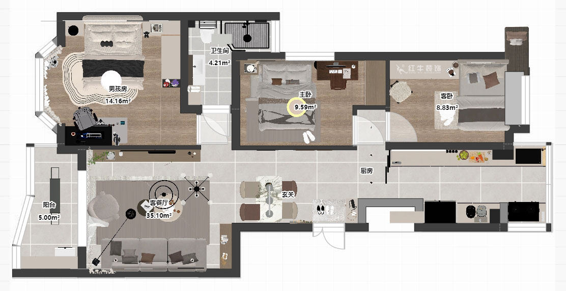 朱明琪|怡馨花園1-2-202-98㎡-現(xiàn)代簡約風(fēng)格|3室2廳1衛(wèi)|老房裝修|定制家|全包15萬|00_03平面彩圖