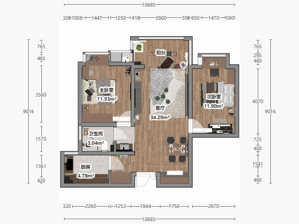 劉曉芳|濱江雅園11-2803-87㎡-北歐風(fēng)格|2室2廳1衛(wèi)|新房裝修|定制家|全包14萬|00_03平面彩圖