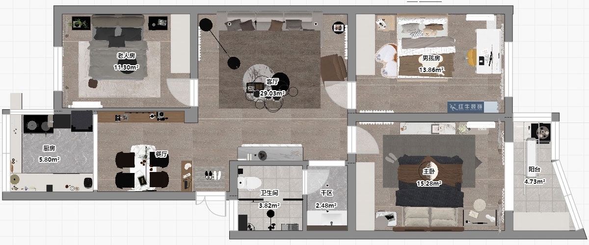 劉小勇|金信花園12-37-401-105㎡-現(xiàn)代簡約風格|3室2廳1衛(wèi)|老房裝修|定制家|全包13萬|00_03平面彩圖