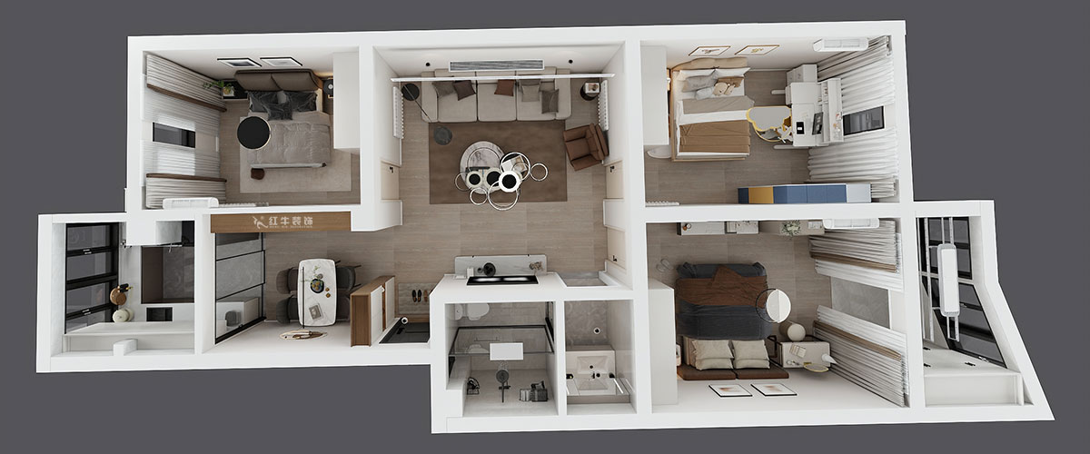 劉小勇|金信花園12-37-401-105㎡-現(xiàn)代簡約風格|3室2廳1衛(wèi)|老房裝修|定制家|全包13萬|00_04鳥瞰圖