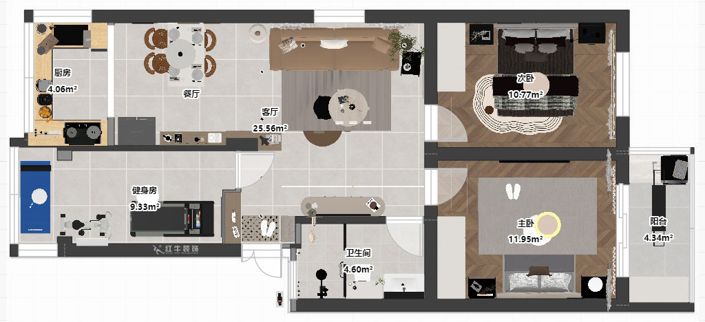 仇美蓉|鐘山山莊23-1-201-87㎡-簡約風格|3室2廳1衛(wèi)|老房裝修|定制家|全包12萬|00_03平面彩圖