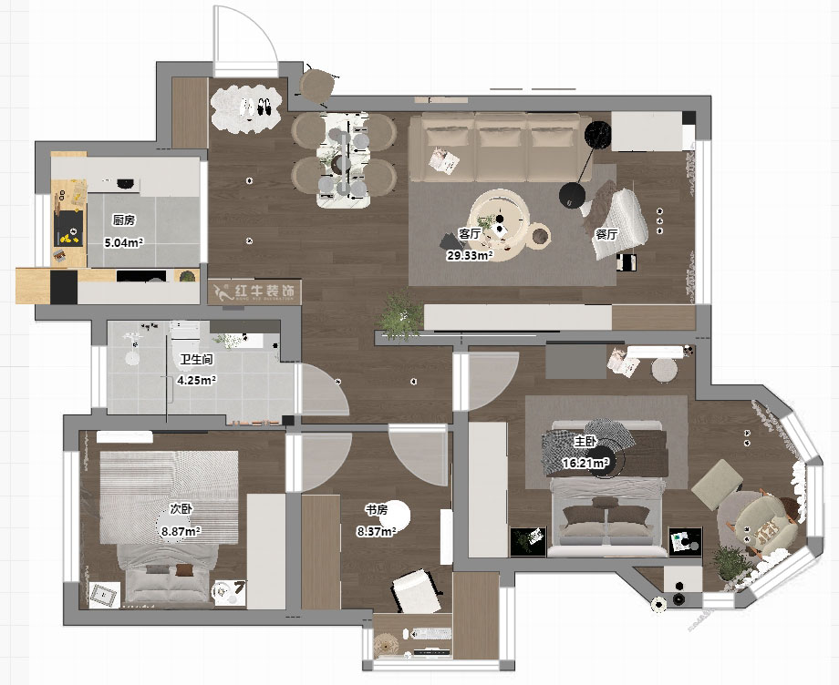 蔣?。心鲜兰o雅苑二期4-504-93㎡-現(xiàn)代簡約風格|3室1廳1衛(wèi)|毛坯房裝修|定制家|全包12萬|00_03平面彩圖