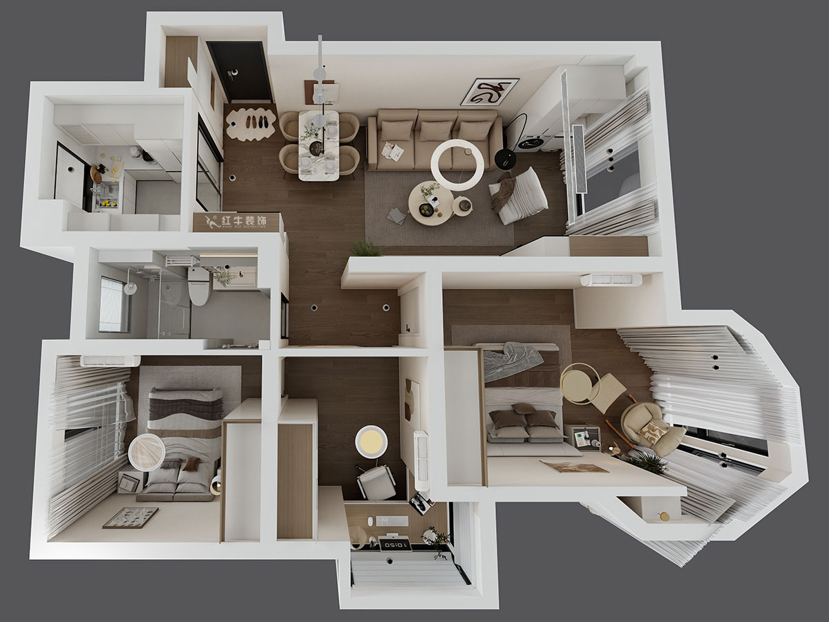 蔣琛|中南世紀雅苑二期4-504-93㎡-現(xiàn)代簡約風格|3室1廳1衛(wèi)|毛坯房裝修|定制家|全包12萬|00_04鳥瞰圖