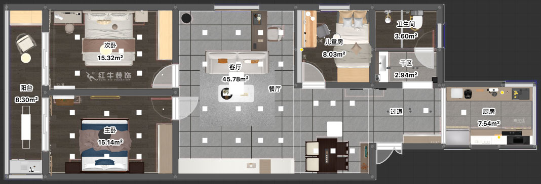 劉小勇|桃葉渡13-402-125㎡-現(xiàn)代簡約風格|3室2廳2衛(wèi)|老房裝修|定制家|全包15萬|00_03平面彩圖