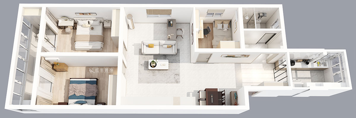 劉小勇|桃葉渡13-402-125㎡-現(xiàn)代簡約風格|3室2廳2衛(wèi)|老房裝修|定制家|全包15萬|00_04鳥瞰圖