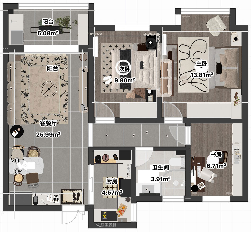 吳波｜紫金上品苑4-1002-90㎡-現(xiàn)代簡(jiǎn)約風(fēng)格｜3室2廳1衛(wèi)｜新房裝修｜定制家｜全包12萬｜00_04平面彩圖