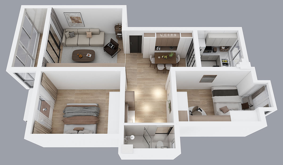 朱明琪｜天潤城六街區(qū)30-103-85㎡-原木風(fēng)格｜2室1廳1衛(wèi)｜老房裝修｜定制家｜全包11萬｜00_04鳥瞰圖