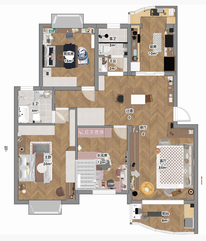 仇美蓉|長江之家4-13-402-130㎡-原木奶油風格|3室2廳2衛(wèi)|老房裝修|定制家|全包16萬|00_03平面彩圖