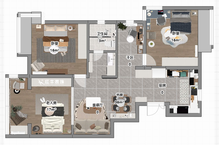 仇美蓉|紫玉山莊1-204-85㎡-原木奶油風格|3室2廳1衛(wèi)|老房裝修|定制家|全包10萬|00_03平面彩圖