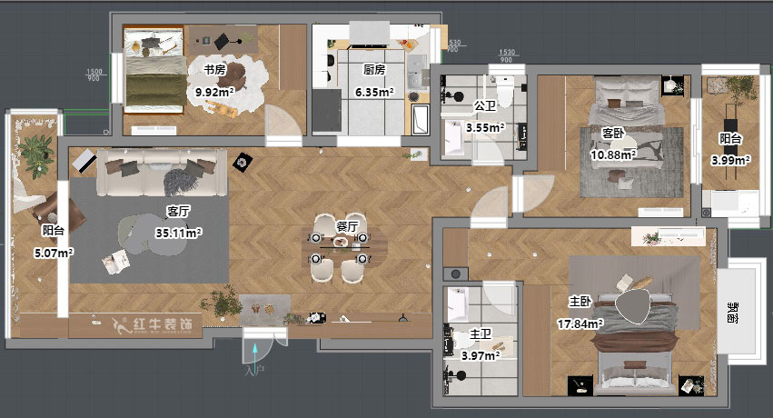 吳波|仁恒翠竹園28-2-303-117㎡-現(xiàn)代簡(jiǎn)約風(fēng)格|3室2廳2衛(wèi)|舊房裝修|定制家|全包13萬(wàn)|00_03平面彩圖