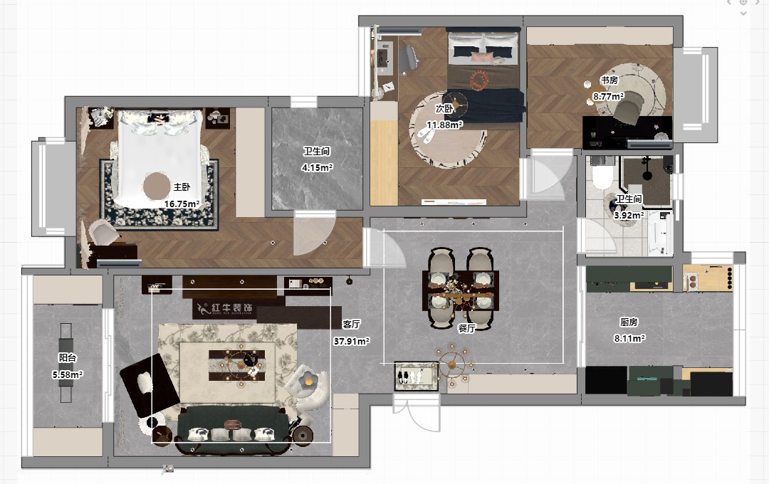 劉小勇|江南名府3-204-115㎡-簡美風格|3室2廳1衛(wèi)|老房裝修|定制家|全包13萬|00_03平面彩圖