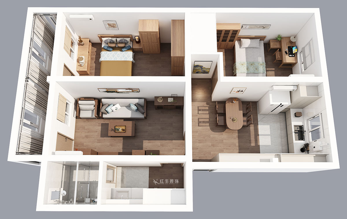 孟憲濤|五老村24-201-100㎡-現(xiàn)代簡(jiǎn)約風(fēng)格|3室2廳1衛(wèi)|老房裝修|定制家|全包14萬(wàn)|00_04鳥(niǎo)瞰圖