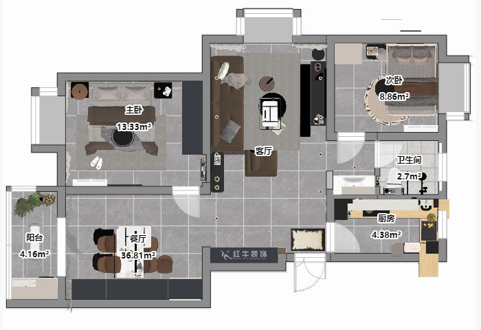 仇美蓉|新建雅苑9-4-208-80㎡-簡(jiǎn)約風(fēng)格|3室2廳1衛(wèi)|老房裝修|定制家|全包10萬|00_03平面彩圖