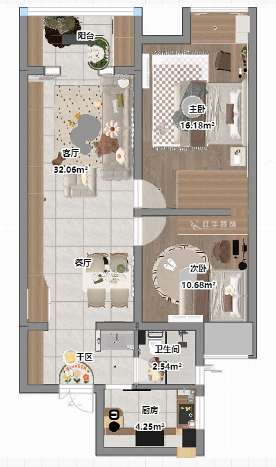 魏明花|紫楊佳園16-1102-85㎡-現(xiàn)代風格|2室1廳1衛(wèi)|二手房裝修|定制家|全包10萬|00_03平面彩圖