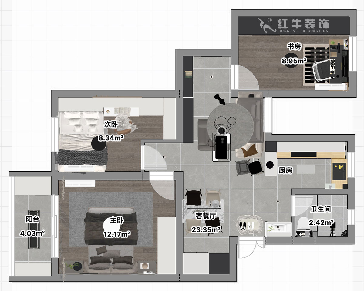 朱彥｜龍苑新寓四村6-22-302-75㎡-現代簡約風格｜2室2廳1衛(wèi)｜老房改造｜定制家｜全包10萬｜00_03平面彩圖