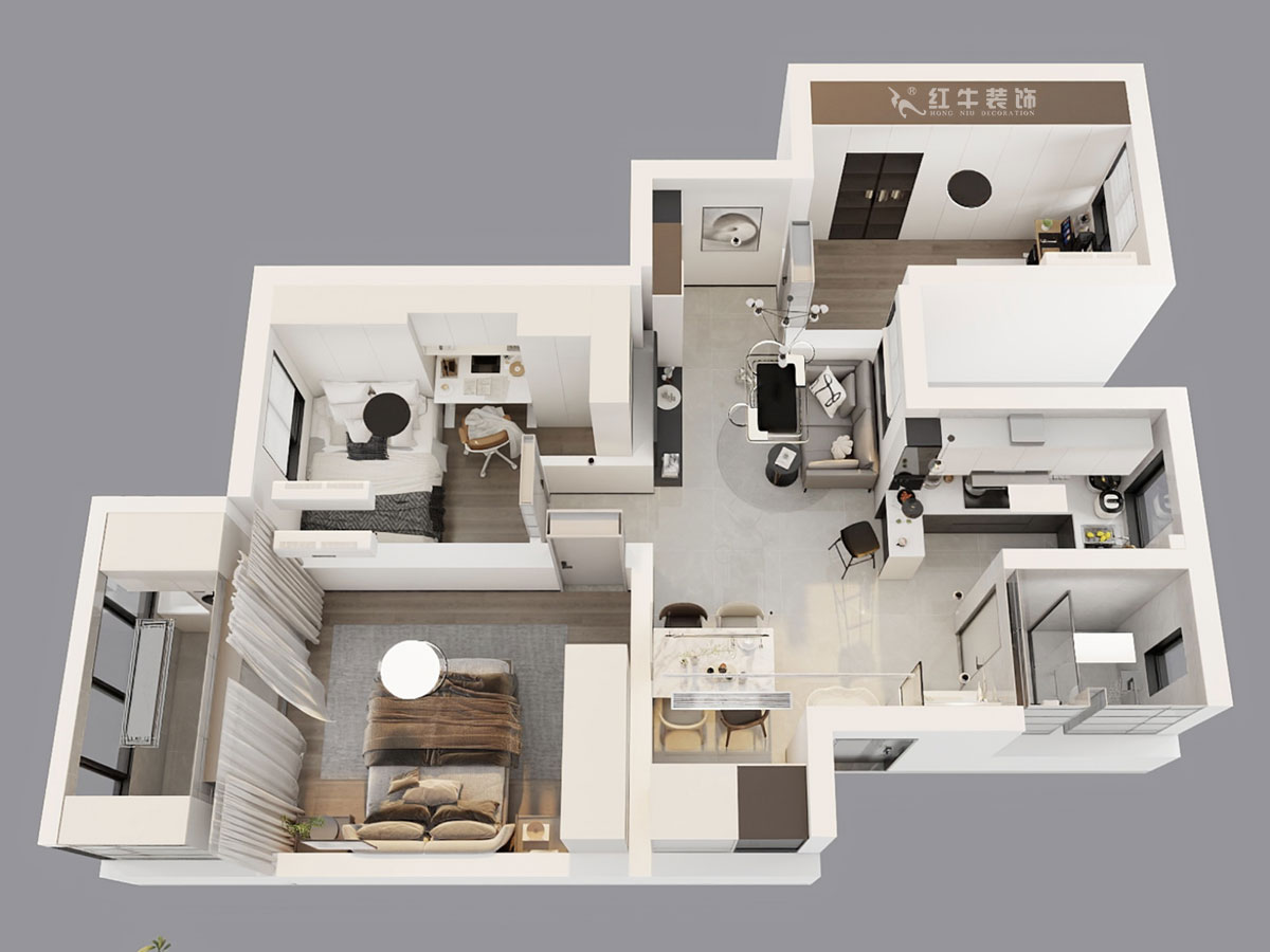 朱彥｜龍苑新寓四村6-22-302-75㎡-現代簡約風格｜2室2廳1衛(wèi)｜老房改造｜定制家｜全包10萬｜00_04鳥瞰圖