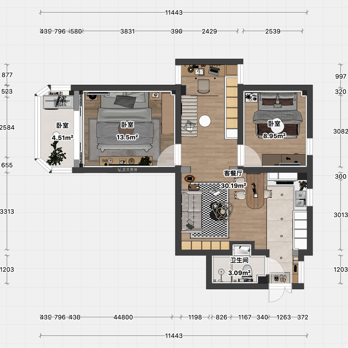 顧娟|鎖金二村21-1105-77㎡-現(xiàn)代風格|2室2廳1衛(wèi)|舊房裝修|定制家|全包11萬|00_04平面彩圖