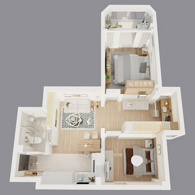 顧娟|鎖金二村21-1105-77㎡-現(xiàn)代風格|2室2廳1衛(wèi)|舊房裝修|定制家|全包11萬|00_05鳥瞰圖