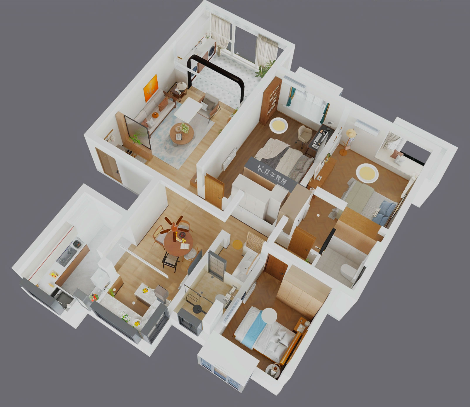 魏利利｜澳麗嘉園6-1004-128㎡-現代中古風｜3室2廳2衛(wèi)｜老房改造｜定制家｜全包17萬｜00_04鳥瞰圖