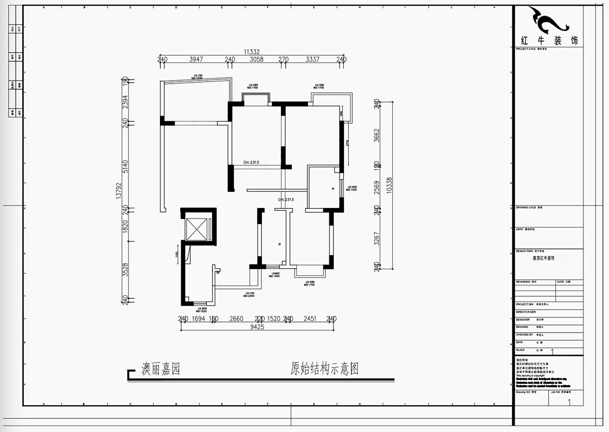 魏利利｜澳麗嘉園6-1004-128㎡-現代中古風｜3室2廳2衛(wèi)｜老房改造｜定制家｜全包17萬｜00_01原始結構示意圖