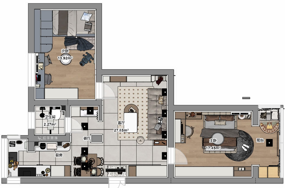 顧娟|大樹根32-703-70㎡-現(xiàn)代簡約風(fēng)格|2室2廳1衛(wèi)|舊房裝修|定制家|全包11萬|00_04平面彩圖