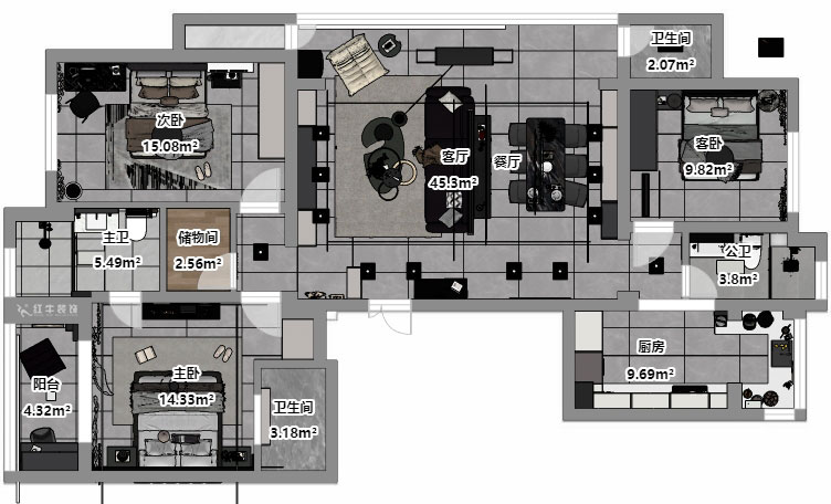 劉小勇|翠屏誠園北區(qū)5-702-138㎡-現(xiàn)代黑白灰風(fēng)格|3室2廳2衛(wèi)|老房裝修|定制家|全包19萬|00_03平面彩圖