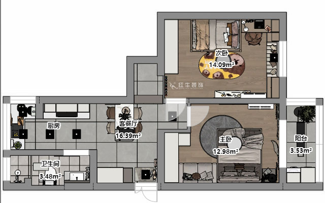 魏明花|公教一村16-603-68㎡-現(xiàn)代簡(jiǎn)約風(fēng)格|2室1廳1衛(wèi)|二手房裝修|定制家|全包9萬(wàn)|00_03平面彩圖
