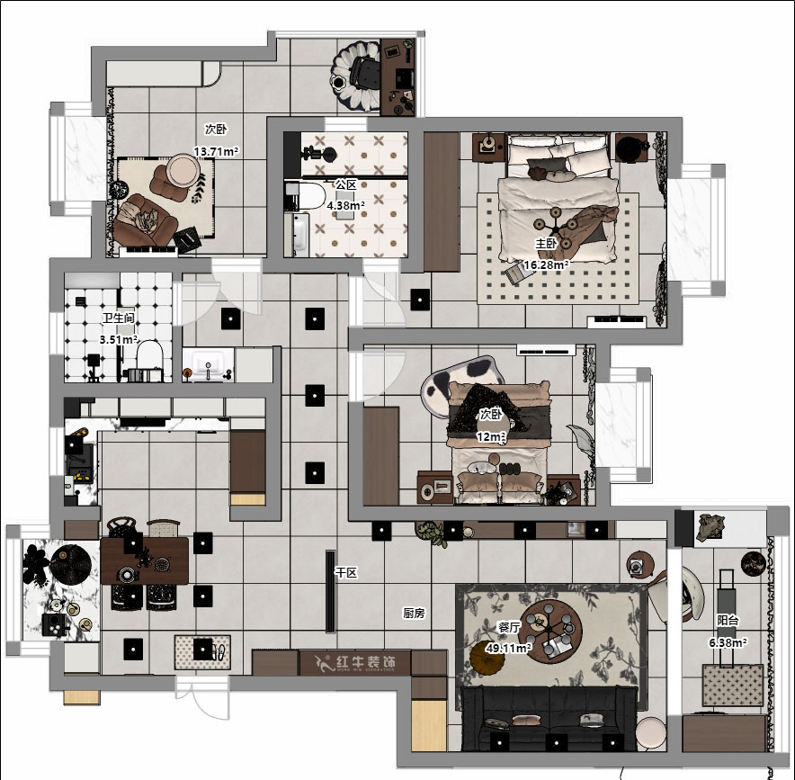 顧娟|挪威森林13-501-125㎡-中古風(fēng)|3室2廳2衛(wèi)|舊房裝修|定制家|全包17萬|00_04平面彩圖