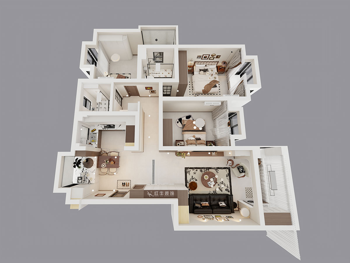 顧娟|挪威森林13-501-125㎡-中古風(fēng)|3室2廳2衛(wèi)|舊房裝修|定制家|全包17萬|00_05鳥瞰圖