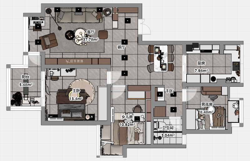 蔣?。f達華府西苑6-401-106㎡-現(xiàn)代簡約風(fēng)格｜3室2廳1衛(wèi)｜老房裝修｜定制家｜全包13萬｜00_03平面彩圖