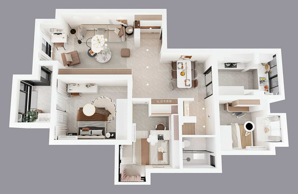 蔣?。f達華府西苑6-401-106㎡-現(xiàn)代簡約風(fēng)格｜3室2廳1衛(wèi)｜老房裝修｜定制家｜全包13萬｜00_04鳥瞰圖