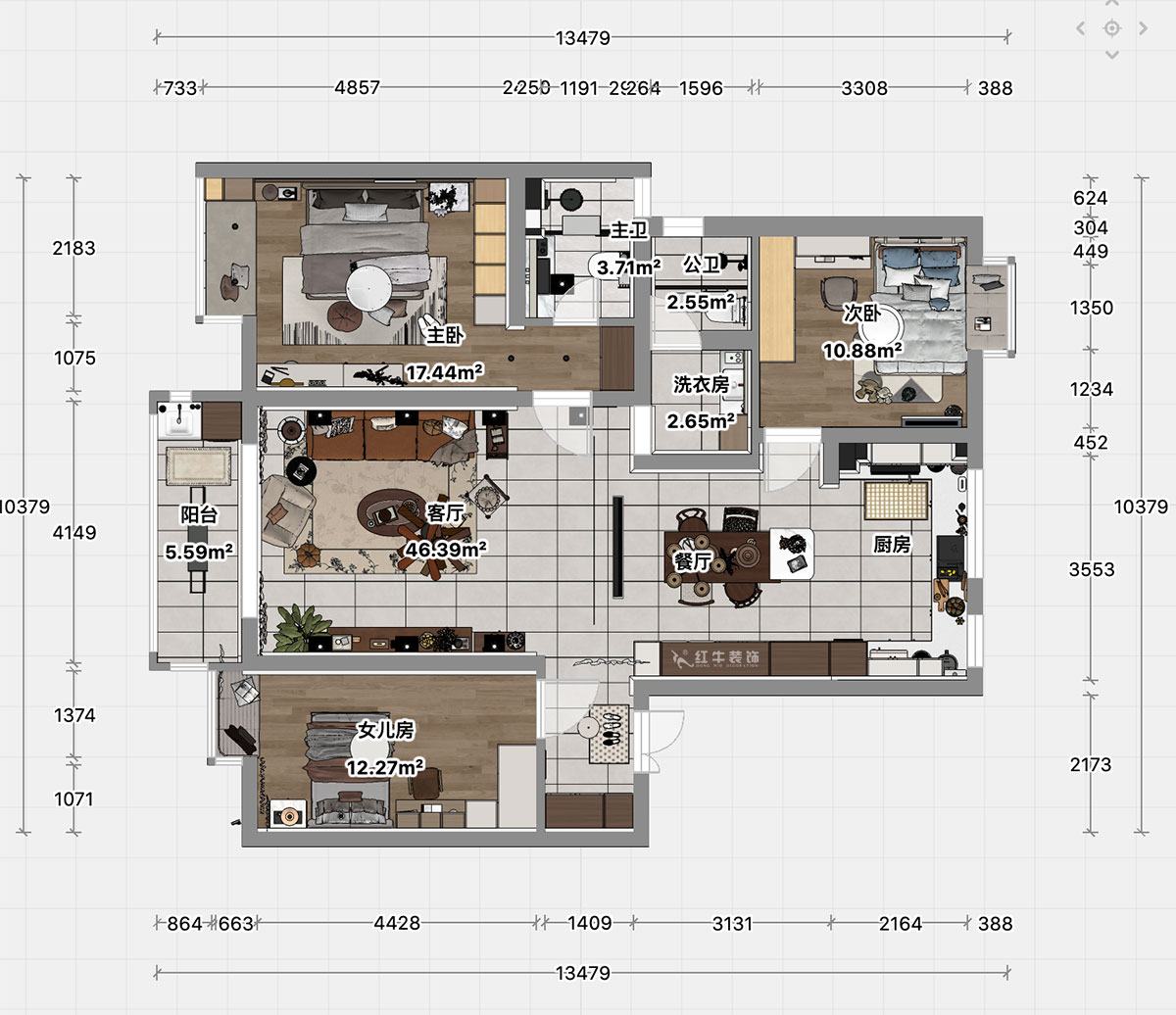 顧娟|紫金明珠4幢202室-120㎡-現(xiàn)代簡約風格|3室2廳2衛(wèi)|舊房裝修|定制家|全包17萬|00_04平面彩圖