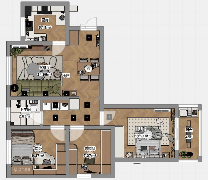 蔣?。y龍雅苑11-3-212-85㎡-現(xiàn)代原木風(fēng)｜3室1廳1衛(wèi)｜新房裝修｜定制家｜全包11萬｜00_03平面彩圖