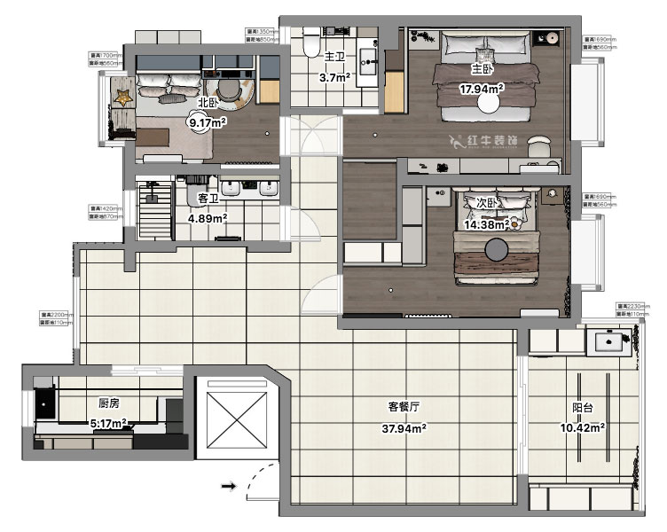 郭志成|澳麗嘉園4-605-126㎡-現(xiàn)代奶油風(fēng)格|3室2廳1廚2衛(wèi)|毛坯裝修|定制家|全包19