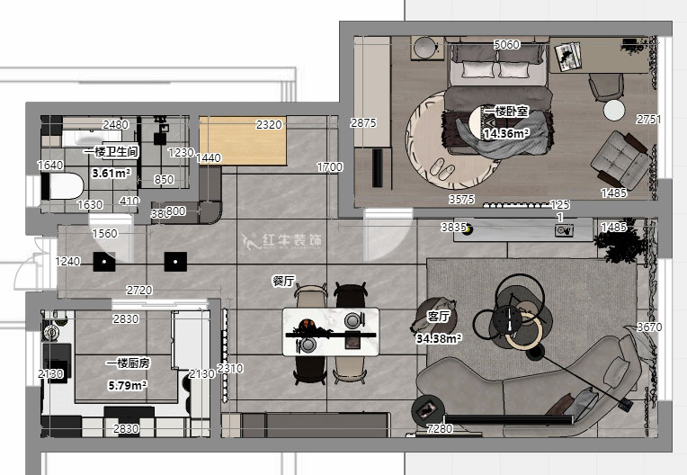 吳波|華府國(guó)際43-1-707-148㎡-輕法風(fēng)格|復(fù)式|4室2廳3衛(wèi)|舊房裝修|定制家|全包18萬|00_05一樓平面彩圖