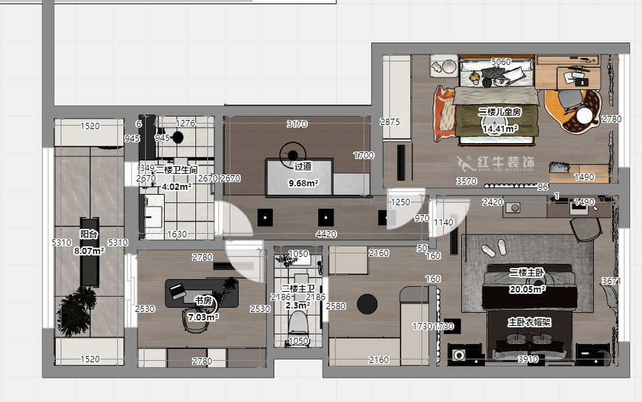 吳波|華府國(guó)際43-1-707-148㎡-輕法風(fēng)格|復(fù)式|4室2廳3衛(wèi)|舊房裝修|定制家|全包18萬|00_06二樓平面彩圖