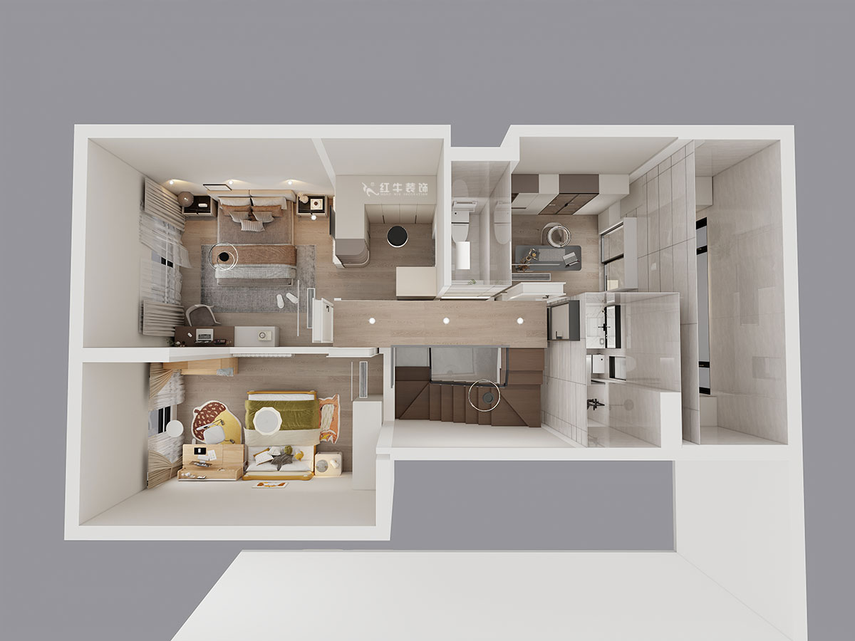 吳波|華府國(guó)際43-1-707-148㎡-輕法風(fēng)格|復(fù)式|4室2廳3衛(wèi)|舊房裝修|定制家|全包18萬|00_08二樓鳥瞰圖