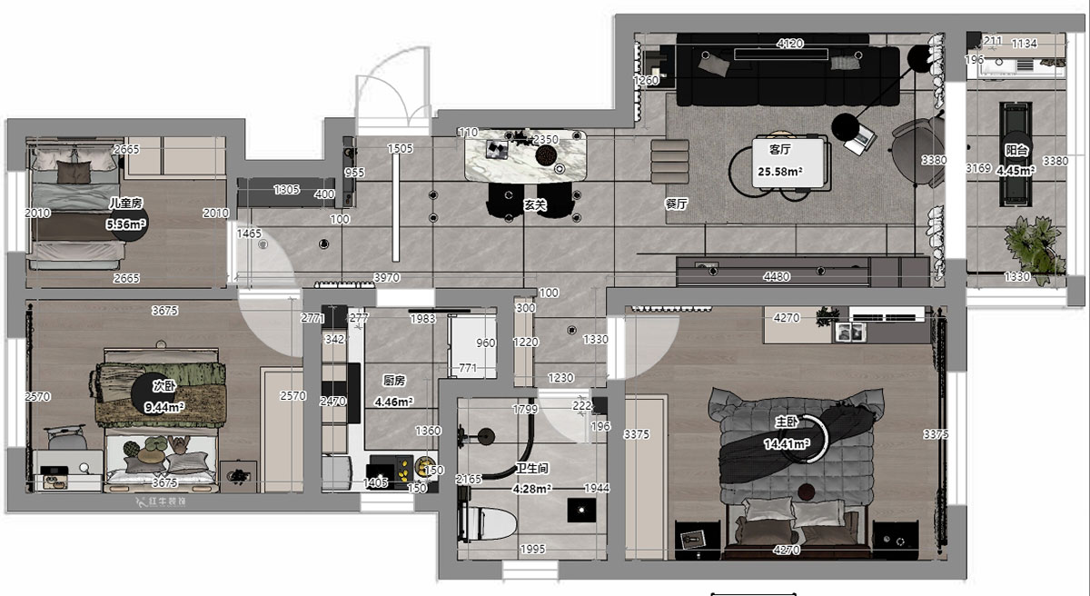 蔣?。自蒲啪?1-202-88㎡-現(xiàn)代簡(jiǎn)約風(fēng)格｜3室2廳1衛(wèi)｜新房裝修｜定制家｜全包11萬｜00_03平面彩圖